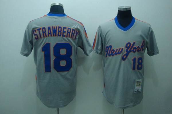 Mitchell and Ness Mets #18 Darryl Strawberry Stitched Grey Throwback MLB Jersey - Click Image to Close